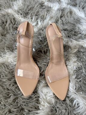 Nude Pointed-Toe Heels with Clear Straps - Women